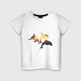 Детская футболка хлопок с принтом Дельфины на закате (2) в Екатеринбурге, 100% хлопок | круглый вырез горловины, полуприлегающий силуэт, длина до линии бедер | дельфин | дельфины | дельфины на закате | закат | красивые дельфины | рыбы