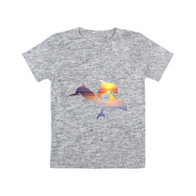 Детская футболка хлопок с принтом Дельфины на закате в Екатеринбурге, 100% хлопок | круглый вырез горловины, полуприлегающий силуэт, длина до линии бедер | Тематика изображения на принте: дельфин | дельфины | дельфины на закате | закат | красивые дельфины | рыбы
