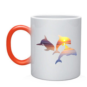 Кружка хамелеон с принтом Дельфины на закате в Екатеринбурге, керамика | меняет цвет при нагревании, емкость 330 мл | Тематика изображения на принте: дельфин | дельфины | дельфины на закате | закат | красивые дельфины | рыбы