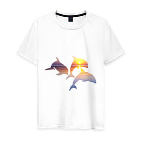 Мужская футболка хлопок с принтом Дельфины на закате в Екатеринбурге, 100% хлопок | прямой крой, круглый вырез горловины, длина до линии бедер, слегка спущенное плечо. | дельфин | дельфины | дельфины на закате | закат | красивые дельфины | рыбы