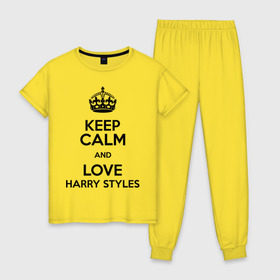 Женская пижама хлопок с принтом Keep calm and love Harry Styles в Екатеринбурге, 100% хлопок | брюки и футболка прямого кроя, без карманов, на брюках мягкая резинка на поясе и по низу штанин | 1d | harry styles | keep calm | music | one direction | гарри стайлс