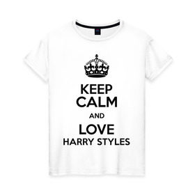 Женская футболка хлопок с принтом Keep calm and love Harry Styles в Екатеринбурге, 100% хлопок | прямой крой, круглый вырез горловины, длина до линии бедер, слегка спущенное плечо | 1d | harry styles | keep calm | music | one direction | гарри стайлс