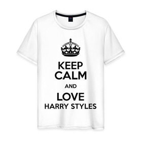 Мужская футболка хлопок с принтом Keep calm and love Harry Styles в Екатеринбурге, 100% хлопок | прямой крой, круглый вырез горловины, длина до линии бедер, слегка спущенное плечо. | 1d | harry styles | keep calm | music | one direction | гарри стайлс