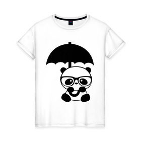 Женская футболка хлопок с принтом Панда под зонтиком в Екатеринбурге, 100% хлопок | прямой крой, круглый вырез горловины, длина до линии бедер, слегка спущенное плечо | панда
