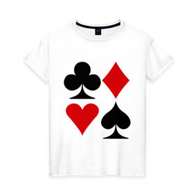 Женская футболка хлопок с принтом Масти карт в Екатеринбурге, 100% хлопок | прямой крой, круглый вырез горловины, длина до линии бедер, слегка спущенное плечо | poker | игра | игры | карточная игра | карты | масти карт | покер