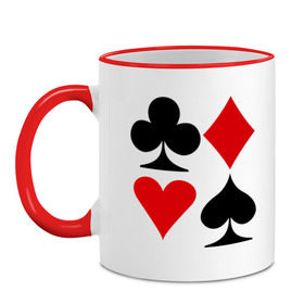 Кружка двухцветная с принтом Масти карт в Екатеринбурге, керамика | объем — 330 мл, диаметр — 80 мм. Цветная ручка и кайма сверху, в некоторых цветах — вся внутренняя часть | poker | игра | игры | карточная игра | карты | масти карт | покер