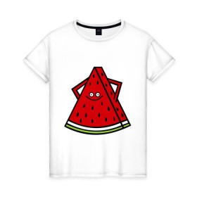 Женская футболка хлопок с принтом Веселый арбуз в Екатеринбурге, 100% хлопок | прямой крой, круглый вырез горловины, длина до линии бедер, слегка спущенное плечо | еда | рожица | смайлик | улыбка | улыбочка | фрукты