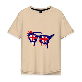 Мужская футболка хлопок Oversize с принтом Очки (британский флаг) в Екатеринбурге, 100% хлопок | свободный крой, круглый ворот, “спинка” длиннее передней части | Тематика изображения на принте: england | английский | англия | британия | европа | туристические