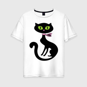 Женская футболка хлопок Oversize с принтом Милая кошечка в Екатеринбурге, 100% хлопок | свободный крой, круглый ворот, спущенный рукав, длина до линии бедер
 | зеленые глаза | кошечка | кошка | черная кошка