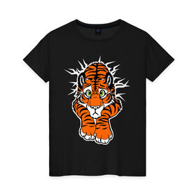 Женская футболка хлопок с принтом Тигр в Екатеринбурге, 100% хлопок | прямой крой, круглый вырез горловины, длина до линии бедер, слегка спущенное плечо | 