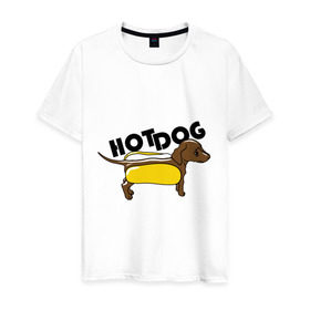 Мужская футболка хлопок с принтом Hot dog в Екатеринбурге, 100% хлопок | прямой крой, круглый вырез горловины, длина до линии бедер, слегка спущенное плечо. | hot dog | булка | собака | собачка | хот дог