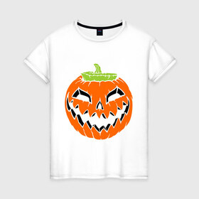 Женская футболка хлопок с принтом Хэллоуин тыква в Екатеринбурге, 100% хлопок | прямой крой, круглый вырез горловины, длина до линии бедер, слегка спущенное плечо | halloween | jack o man | октябрь | тыква | хэллоуин