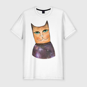 Мужская футболка премиум с принтом кот-космос в Екатеринбурге, 92% хлопок, 8% лайкра | приталенный силуэт, круглый вырез ворота, длина до линии бедра, короткий рукав | cat | cute | space | космос | кот | котейка | котик | мило