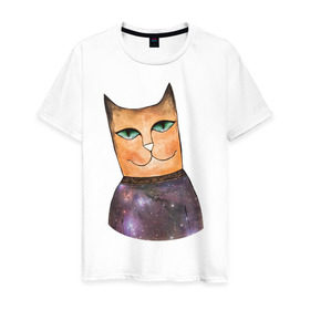 Мужская футболка хлопок с принтом кот-космос в Екатеринбурге, 100% хлопок | прямой крой, круглый вырез горловины, длина до линии бедер, слегка спущенное плечо. | cat | cute | space | космос | кот | котейка | котик | мило
