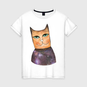 Женская футболка хлопок с принтом кот-космос в Екатеринбурге, 100% хлопок | прямой крой, круглый вырез горловины, длина до линии бедер, слегка спущенное плечо | cat | cute | space | космос | кот | котейка | котик | мило