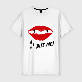 Мужская футболка премиум с принтом Bite me! в Екатеринбурге, 92% хлопок, 8% лайкра | приталенный силуэт, круглый вырез ворота, длина до линии бедра, короткий рукав | вампир | укуси меня