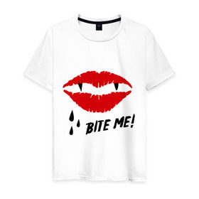 Мужская футболка хлопок с принтом Bite me! в Екатеринбурге, 100% хлопок | прямой крой, круглый вырез горловины, длина до линии бедер, слегка спущенное плечо. | вампир | укуси меня