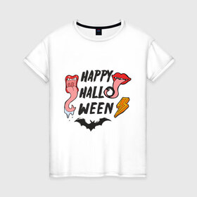Женская футболка хлопок с принтом Happy halloween в Екатеринбурге, 100% хлопок | прямой крой, круглый вырез горловины, длина до линии бедер, слегка спущенное плечо | 