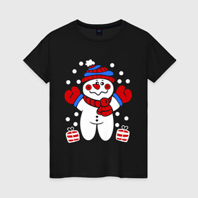 Женская футболка хлопок с принтом Снеговик в снегу в Екатеринбурге, 100% хлопок | прямой крой, круглый вырез горловины, длина до линии бедер, слегка спущенное плечо | новый год | снеговик