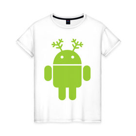 Женская футболка хлопок с принтом Новогодний андроид в Екатеринбурге, 100% хлопок | прямой крой, круглый вырез горловины, длина до линии бедер, слегка спущенное плечо | 