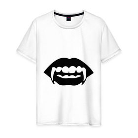 Мужская футболка хлопок с принтом Вампир в Екатеринбурге, 100% хлопок | прямой крой, круглый вырез горловины, длина до линии бедер, слегка спущенное плечо. | Тематика изображения на принте: вампир | губы | зубы | клыки | монстр