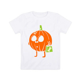 Детская футболка хлопок с принтом Тыква с пакетом в Екатеринбурге, 100% хлопок | круглый вырез горловины, полуприлегающий силуэт, длина до линии бедер | halloween | конфета | пакет | тыква | тыква с пакетом | тыковка | хэллоуин