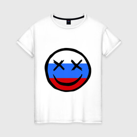 Женская футболка хлопок с принтом Русский смайл в Екатеринбурге, 100% хлопок | прямой крой, круглый вырез горловины, длина до линии бедер, слегка спущенное плечо | russia | россия | смайл | улыбка | флаг