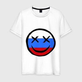 Мужская футболка хлопок с принтом Русский смайл в Екатеринбурге, 100% хлопок | прямой крой, круглый вырез горловины, длина до линии бедер, слегка спущенное плечо. | russia | россия | смайл | улыбка | флаг