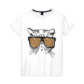 Женская футболка хлопок с принтом Кот в очках в Екатеринбурге, 100% хлопок | прямой крой, круглый вырез горловины, длина до линии бедер, слегка спущенное плечо | swag | киса | кот | кот в очках | кошка | кошка в очках | леопардовые очки | очки | сваг | усы