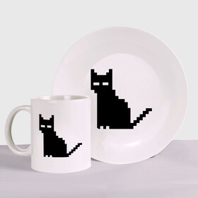 Набор: тарелка + кружка с принтом Пиксельный котик в Екатеринбурге, керамика | Кружка: объем — 330 мл, диаметр — 80 мм. Принт наносится на бока кружки, можно сделать два разных изображения. 
Тарелка: диаметр - 210 мм, диаметр для нанесения принта - 120 мм. | 90 | cat | kitten | kitty | pixel | кот | котейка | котик | котики | пиксель