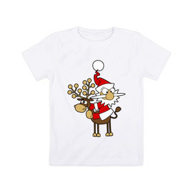 Детская футболка хлопок с принтом Санта на олене. в Екатеринбурге, 100% хлопок | круглый вырез горловины, полуприлегающий силуэт, длина до линии бедер | happy | happy new year | new year | santa | santa clows | олень | рудольф | санта | санта клаус