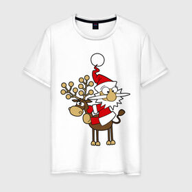 Мужская футболка хлопок с принтом Санта на олене. в Екатеринбурге, 100% хлопок | прямой крой, круглый вырез горловины, длина до линии бедер, слегка спущенное плечо. | happy | happy new year | new year | santa | santa clows | олень | рудольф | санта | санта клаус