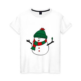 Женская футболка хлопок с принтом Снеговик в Екатеринбурге, 100% хлопок | прямой крой, круглый вырез горловины, длина до линии бедер, слегка спущенное плечо | зима | новый год | снег | снеговик | шапка | шарф