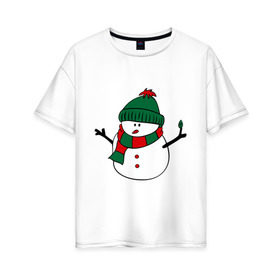 Женская футболка хлопок Oversize с принтом Снеговик в Екатеринбурге, 100% хлопок | свободный крой, круглый ворот, спущенный рукав, длина до линии бедер
 | зима | новый год | снег | снеговик | шапка | шарф
