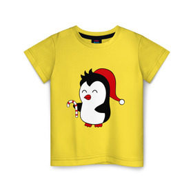 Детская футболка хлопок с принтом Новогодний пингвин. в Екатеринбурге, 100% хлопок | круглый вырез горловины, полуприлегающий силуэт, длина до линии бедер | пингвин