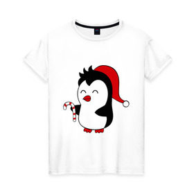 Женская футболка хлопок с принтом Новогодний пингвин. в Екатеринбурге, 100% хлопок | прямой крой, круглый вырез горловины, длина до линии бедер, слегка спущенное плечо | пингвин