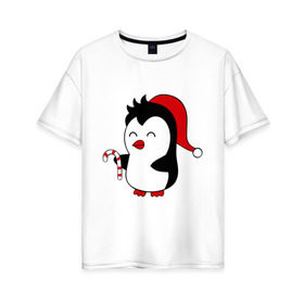 Женская футболка хлопок Oversize с принтом Новогодний пингвин. в Екатеринбурге, 100% хлопок | свободный крой, круглый ворот, спущенный рукав, длина до линии бедер
 | пингвин