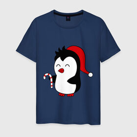 Мужская футболка хлопок с принтом Новогодний пингвин. в Екатеринбурге, 100% хлопок | прямой крой, круглый вырез горловины, длина до линии бедер, слегка спущенное плечо. | пингвин