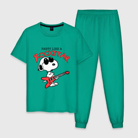 Мужская пижама хлопок с принтом Snoopy Rockstar в Екатеринбурге, 100% хлопок | брюки и футболка прямого кроя, без карманов, на брюках мягкая резинка на поясе и по низу штанин
 | Тематика изображения на принте: гитара