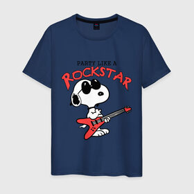 Мужская футболка хлопок с принтом Snoopy Rockstar в Екатеринбурге, 100% хлопок | прямой крой, круглый вырез горловины, длина до линии бедер, слегка спущенное плечо. | гитара