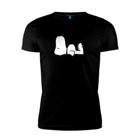 Мужская футболка премиум с принтом Спящий Снупи в Екатеринбурге, 92% хлопок, 8% лайкра | приталенный силуэт, круглый вырез ворота, длина до линии бедра, короткий рукав | Тематика изображения на принте: snoopy | домик | мультфильм | снупи | собака | спящий снупи