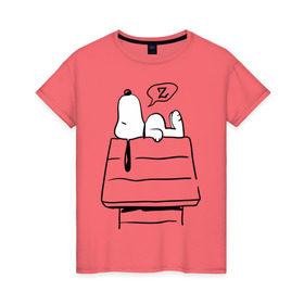 Женская футболка хлопок с принтом Спящий Снупи в Екатеринбурге, 100% хлопок | прямой крой, круглый вырез горловины, длина до линии бедер, слегка спущенное плечо | snoopy | домик | мультфильм | снупи | собака | спящий снупи