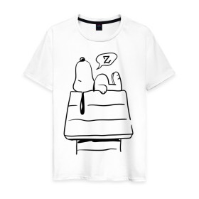 Мужская футболка хлопок с принтом Спящий Снупи в Екатеринбурге, 100% хлопок | прямой крой, круглый вырез горловины, длина до линии бедер, слегка спущенное плечо. | snoopy | домик | мультфильм | снупи | собака | спящий снупи