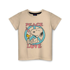 Детская футболка хлопок с принтом Мир и любовь в Екатеринбурге, 100% хлопок | круглый вырез горловины, полуприлегающий силуэт, длина до линии бедер | snoopy | мир и любовь | мультфильм | снупи | собака