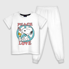 Детская пижама хлопок с принтом Мир и любовь в Екатеринбурге, 100% хлопок |  брюки и футболка прямого кроя, без карманов, на брюках мягкая резинка на поясе и по низу штанин
 | Тематика изображения на принте: snoopy | мир и любовь | мультфильм | снупи | собака