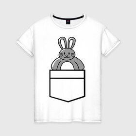 Женская футболка хлопок с принтом Зайчик в кармашке в Екатеринбурге, 100% хлопок | прямой крой, круглый вырез горловины, длина до линии бедер, слегка спущенное плечо | животные | зайчик | карман | одежда | прикольные картинки