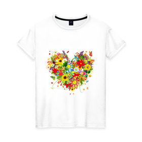 Женская футболка хлопок с принтом Сердце из полевых цветов в Екатеринбурге, 100% хлопок | прямой крой, круглый вырез горловины, длина до линии бедер, слегка спущенное плечо | любовь | праздник | сердце из полевых цветов | счастье | цветы