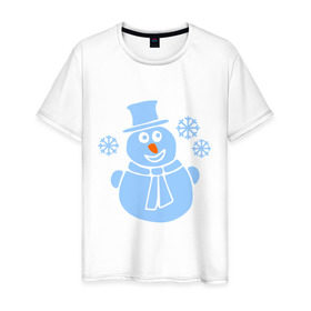 Мужская футболка хлопок с принтом Веселый снеговичек в Екатеринбурге, 100% хлопок | прямой крой, круглый вырез горловины, длина до линии бедер, слегка спущенное плечо. | Тематика изображения на принте: веселый снеговичек | зима | новый год | снеговик | снеговичек | снежинка