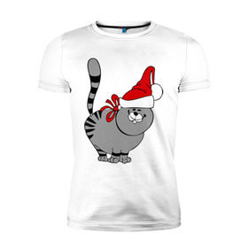 Мужская футболка премиум с принтом Кот в шапке в Екатеринбурге, 92% хлопок, 8% лайкра | приталенный силуэт, круглый вырез ворота, длина до линии бедра, короткий рукав | киса | колпак | кот | кот в шапке | кошка | новый год | шапка