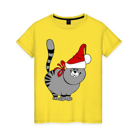 Женская футболка хлопок с принтом Кот в шапке в Екатеринбурге, 100% хлопок | прямой крой, круглый вырез горловины, длина до линии бедер, слегка спущенное плечо | киса | колпак | кот | кот в шапке | кошка | новый год | шапка